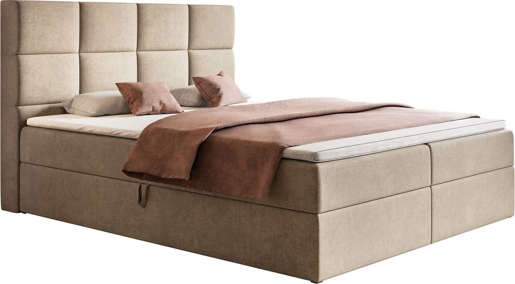 Boxspringbett 180x200 cm Solo - Bett mit Zwei Bettkästen - Matratze & Topper inklusive - Samtstoff (Beige - Jasmine 24)