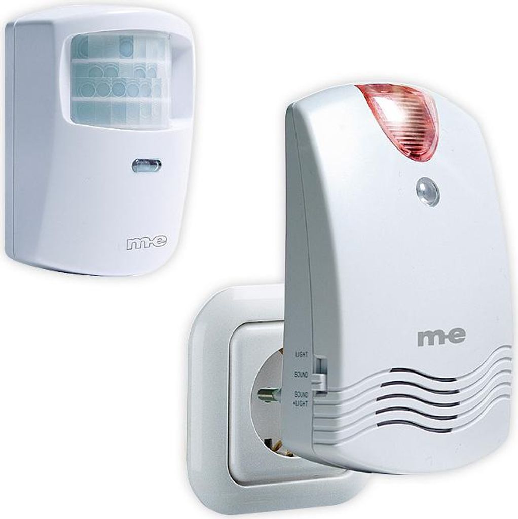 Two white electronic security devices are shown against a white background. One is a motion sensor, and the other is a plug-in alarm with a red light.