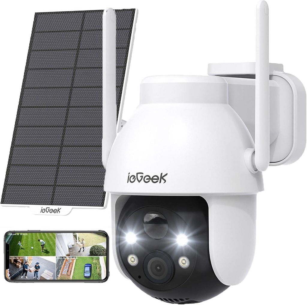 IEGEEK 2K 3MP HD Outdoor Solarüberwachungskamera, 360 ° PTZ-Akku, 2,4 GHz WLAN-Kamera-PIR-Bewegungssensor, Farbnachtsieg, 2-Wege-Audio, IP65