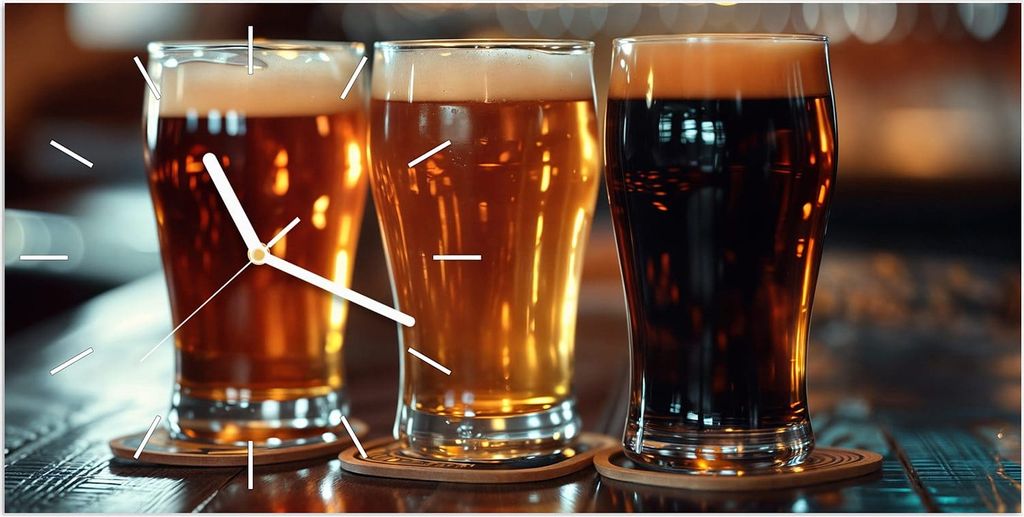 Wanduhr aus Glas mit Motiv Drei Biergläser Bar- 60 x 30 cm - inkl. Aufhängesystem