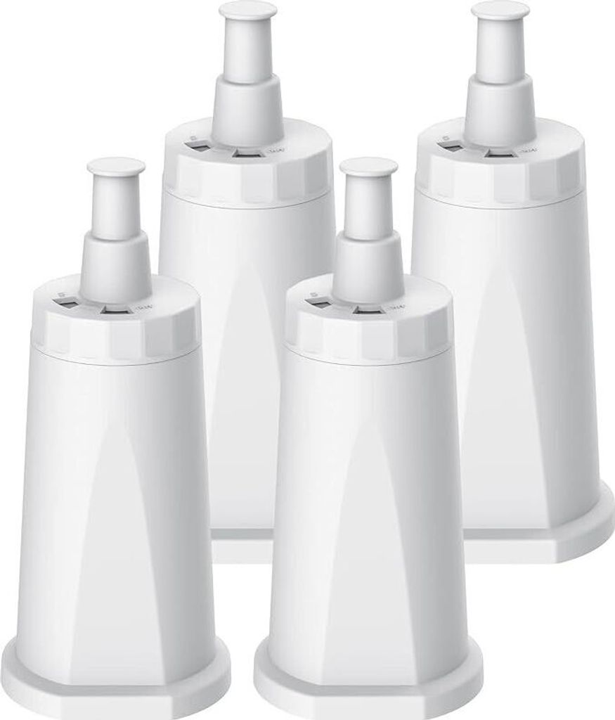Four white water filter cartridges arranged in a group.