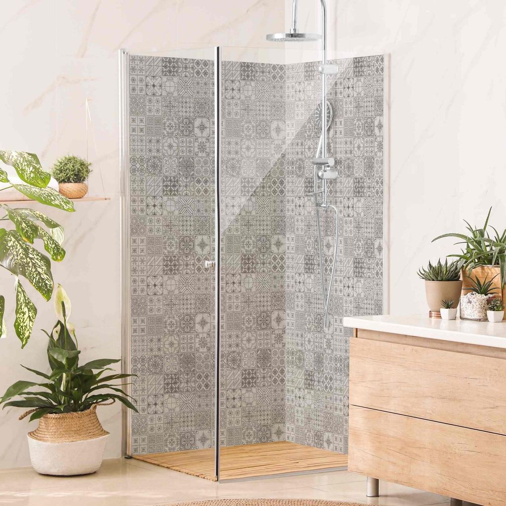 Duschrückwand mit Motiv selbstklebend - 0.61 mm Wandpaneel wasserfest Design grau Fliesenoptik Illustration Badrückwand fugenlos Premium matt 110...