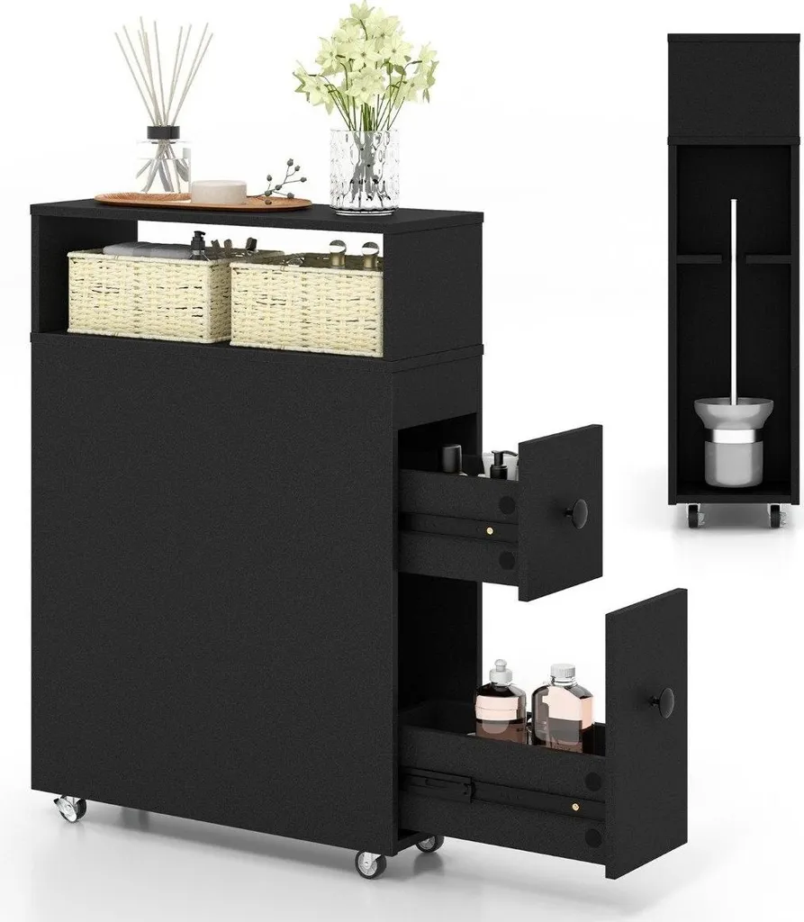 Meuble de rangement WC noir à roulettes avec porte-balais intégré - 2