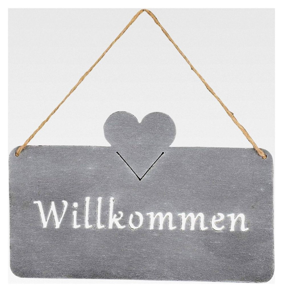 Willkommensschild 25x16 cm Außen Garten-Deko Grau Beton-Optik Herz Metall Türschild Wandbild Außendeko