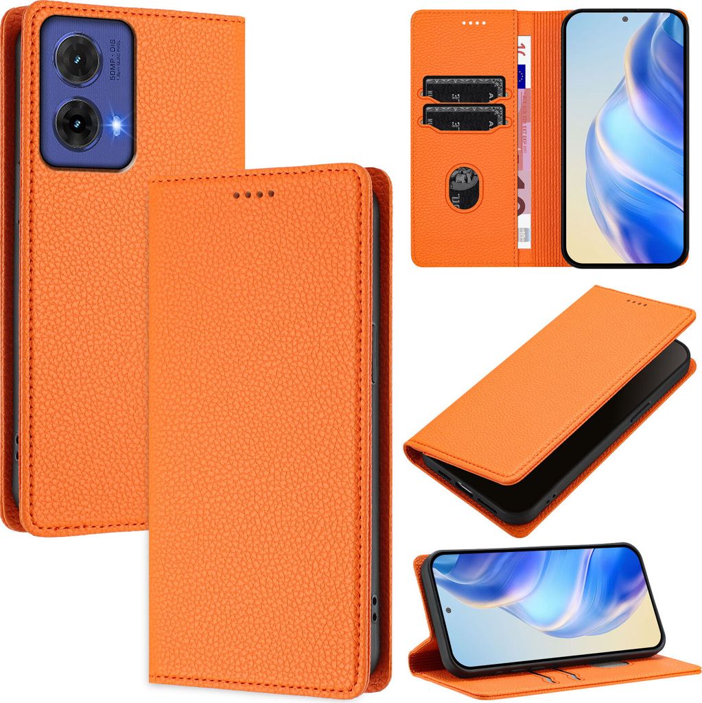 Litchi Leder Handyhülle für Motorola Moto G85 Wallet Kartenfächer Standfunktion Hülle Orange