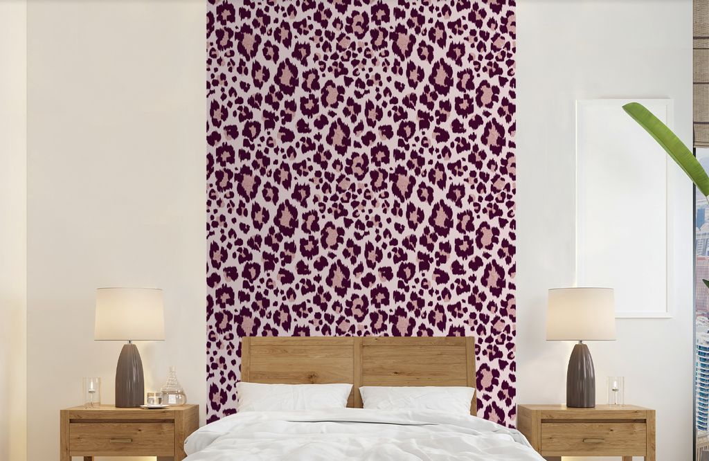 MuchoWow Fototapete für Wohnzimmer oder Schlafzimmer Wandtapete Vinyl Motivtapete Schnittmuster - Panther - Rosa - 150x240 cm - Tapeten