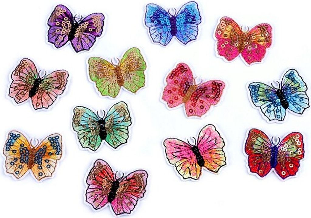12 Aufbügler-Mix Aufnäher Schmetterling Pailletten 45x40mm Applikation Schmetterlinge bunt