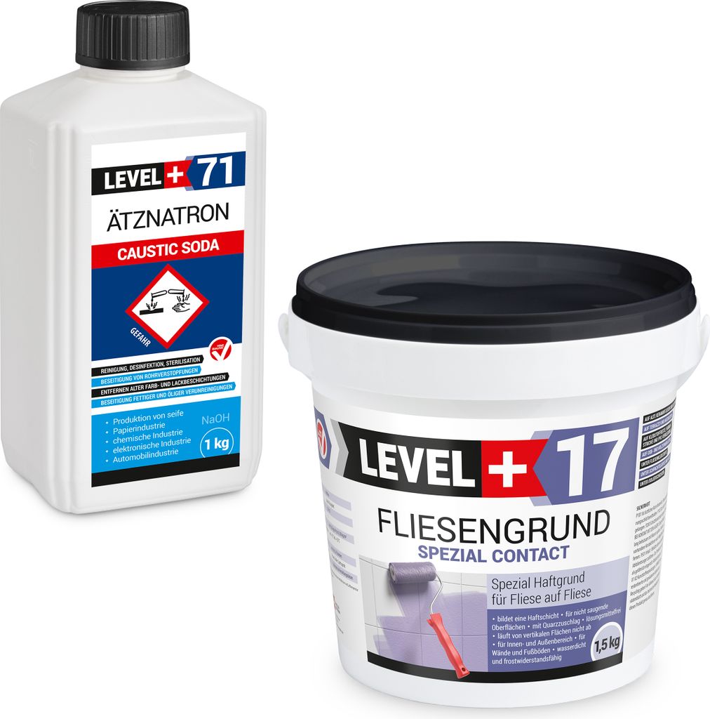 Fliesengrund 1,5kg Fliese auf Fliese Spezial-Haftgrund Quarzgrund Spezial Contact + Entfetter Reiniger Ätznatron 1kg LEVEL+ Set RM17