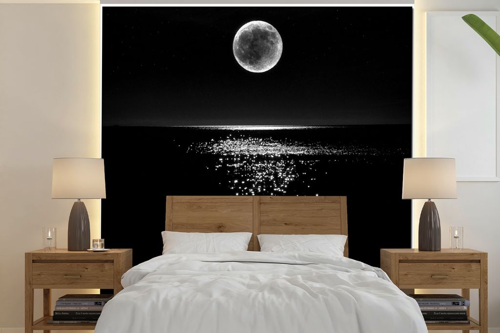 MuchoWow Fototapete für Wohnzimmer oder Schlafzimmer Wandtapete Vinyl Motivtapete Mondlicht und ein dunkles Meer - schwarz und weiß - 220x220 c...