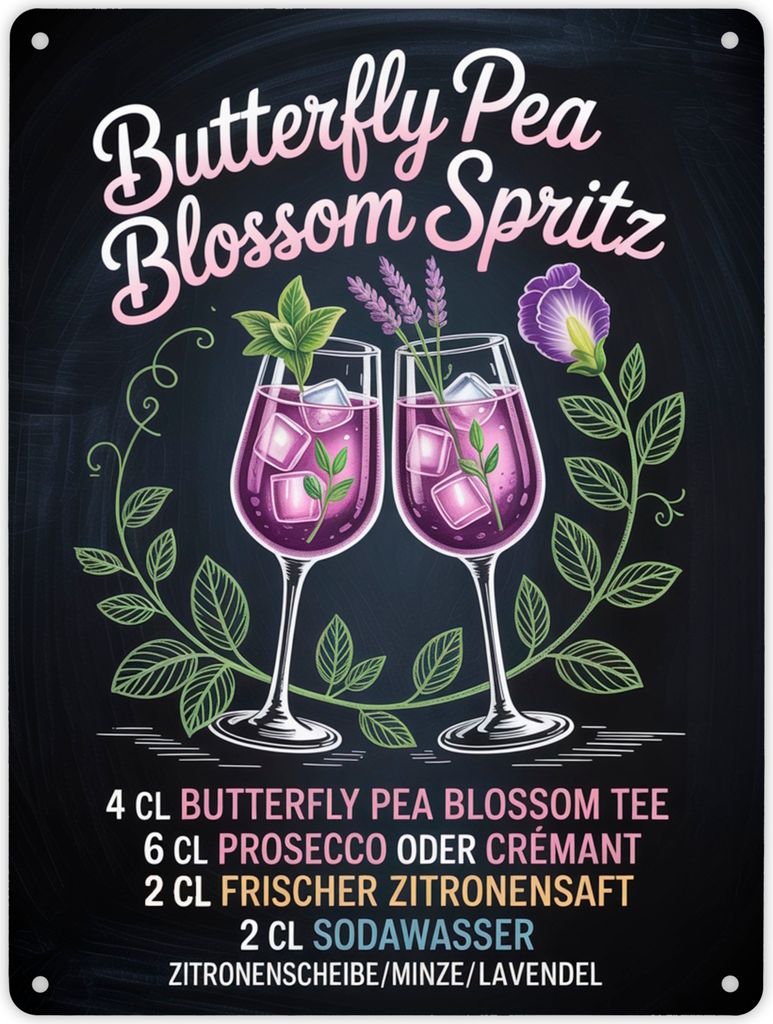 Butterfly Pea Blossom Spritz Metallschild XL in 21x28 cm Cocktail-Rezept für
