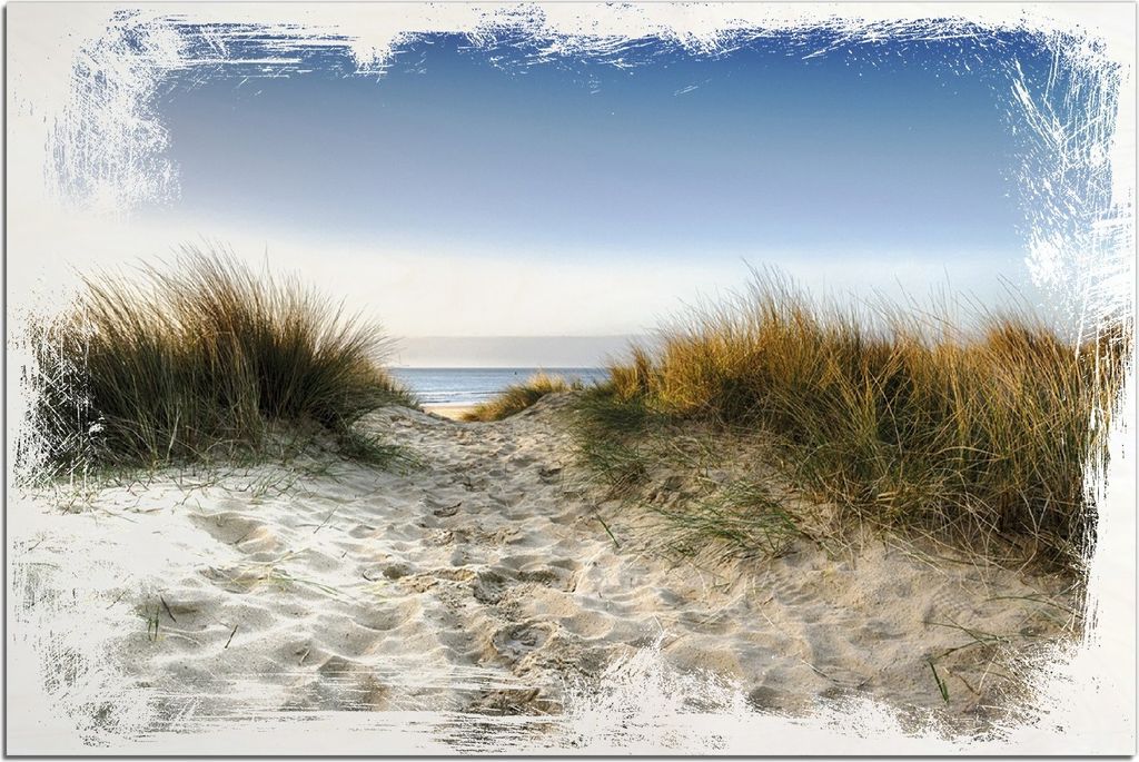 Kunstdrucke Wandbilder Holz in : Brillante Farben, Größe 60 x 90 cm Motiv Weg durch die Dünen zum Strand am Meer