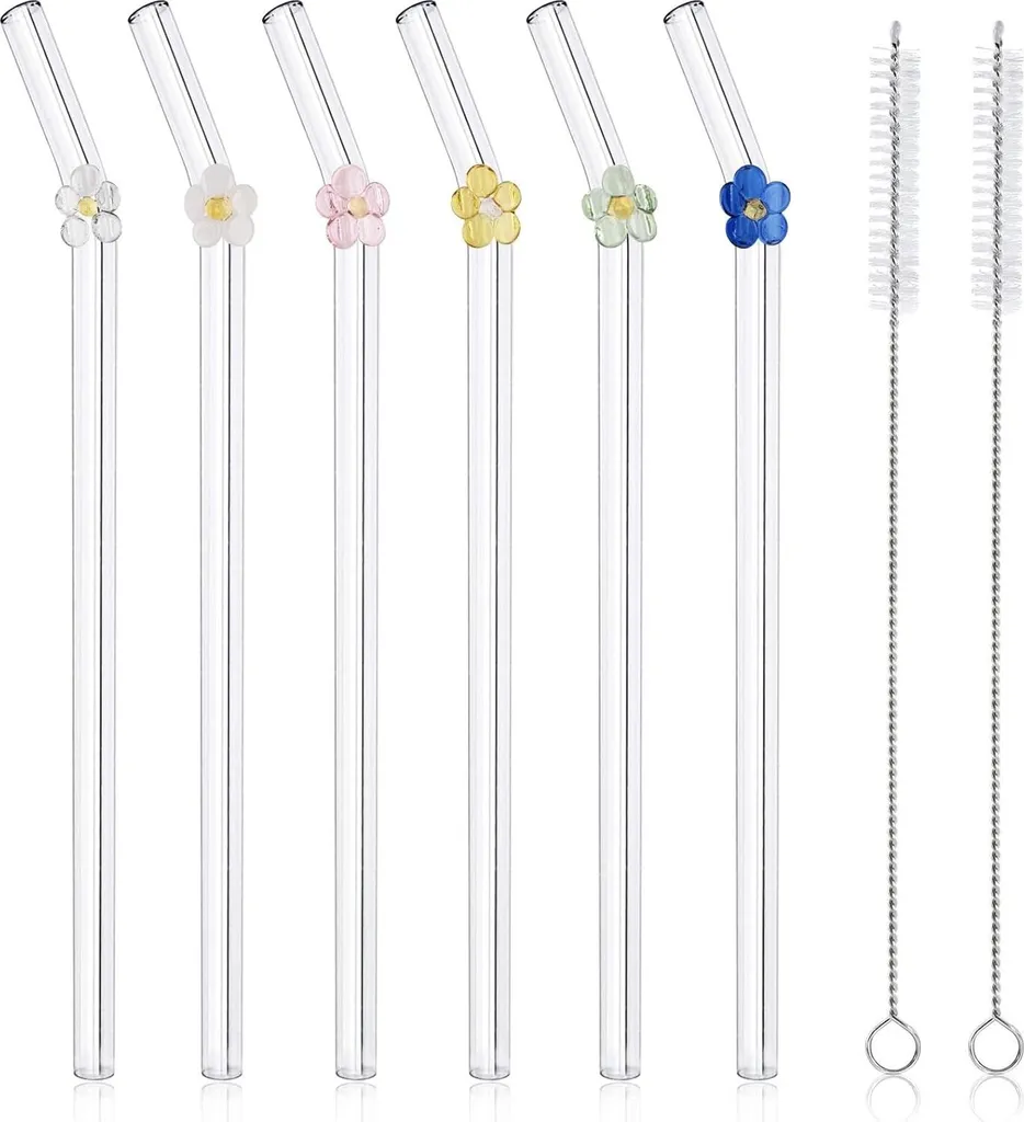 Paille Bubble Tea en verre réutilisable 20 cm - Lot de 6 avec brosses
