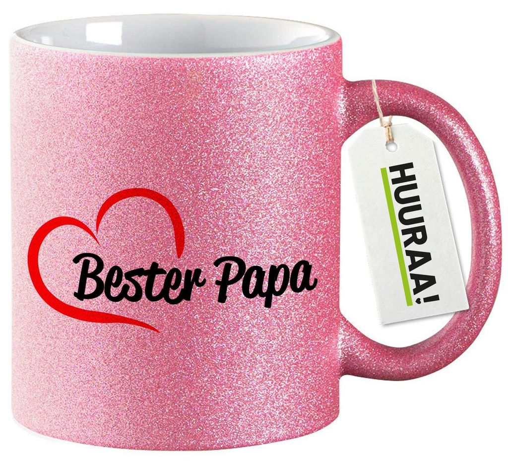 Huuraa Glitzertasse Bester Papa Herz 330ml Pink Keramik Kaffeebecher Geschenkidee