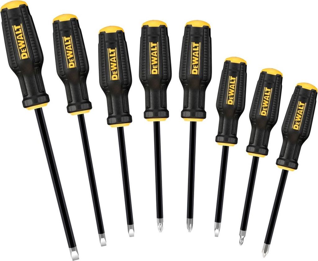 A set of eight DeWALT screwdrivers arranged diagonally against a white background.
