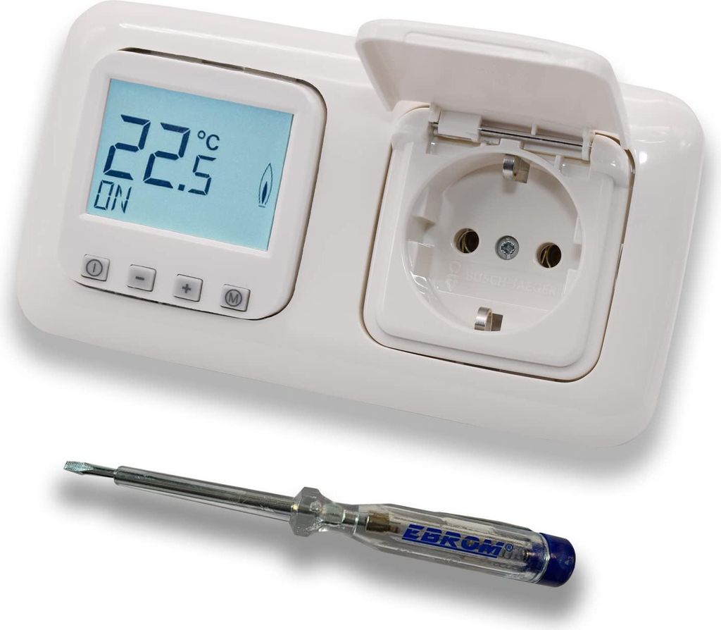 Halmburger Raumthermostat Raumtemperaturregler ERD-1Urg DIGITAL in Busch Jäger Reflex SI alpinweiß 2f Rahmen mit Klappsteckdose + EBROM Phasenpr...