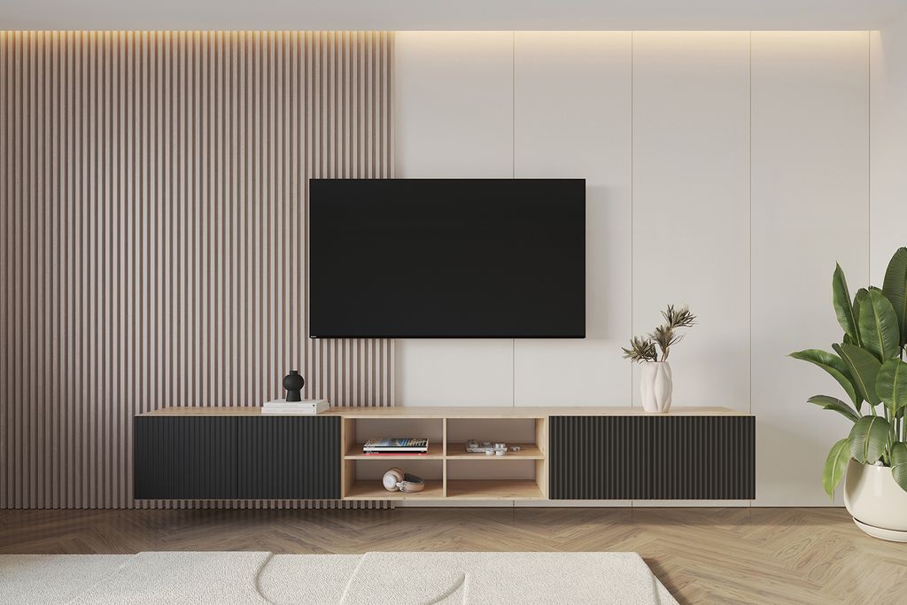 ALTDECOR TV-Schrank NOA-2-W mit Gefrästen Fronten 3x100x40x40 Lowboard hängend, TV Möbel, TV Cabinet, Fernsehtisch, Fernsehschrank, TV Kommode, ...