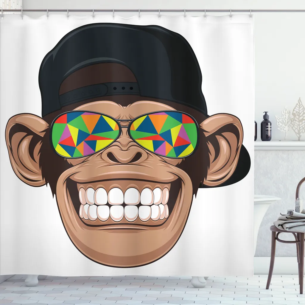 ABAKUHAUS Tenda da doccia con caricatura, divertente scimmia hipster con occhiali da sole colorati e cappello, scimmia hippie rapper, set decorativo per bagno in tessuto con ganci, 175x220 cm, marrone, nero e bianco - 2