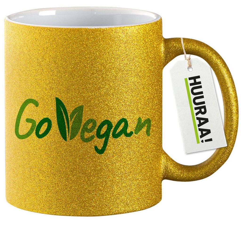 Huuraa Glitzertasse Go Vegan Blätter 330ml Gold Keramik Kaffeebecher Geschenkidee