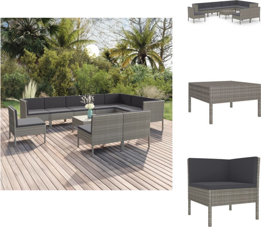 vidaXL 11-tlg. Garten-Lounge-Set mit Auflagen Poly Rattan Grau - Gartenmöbel-Sets