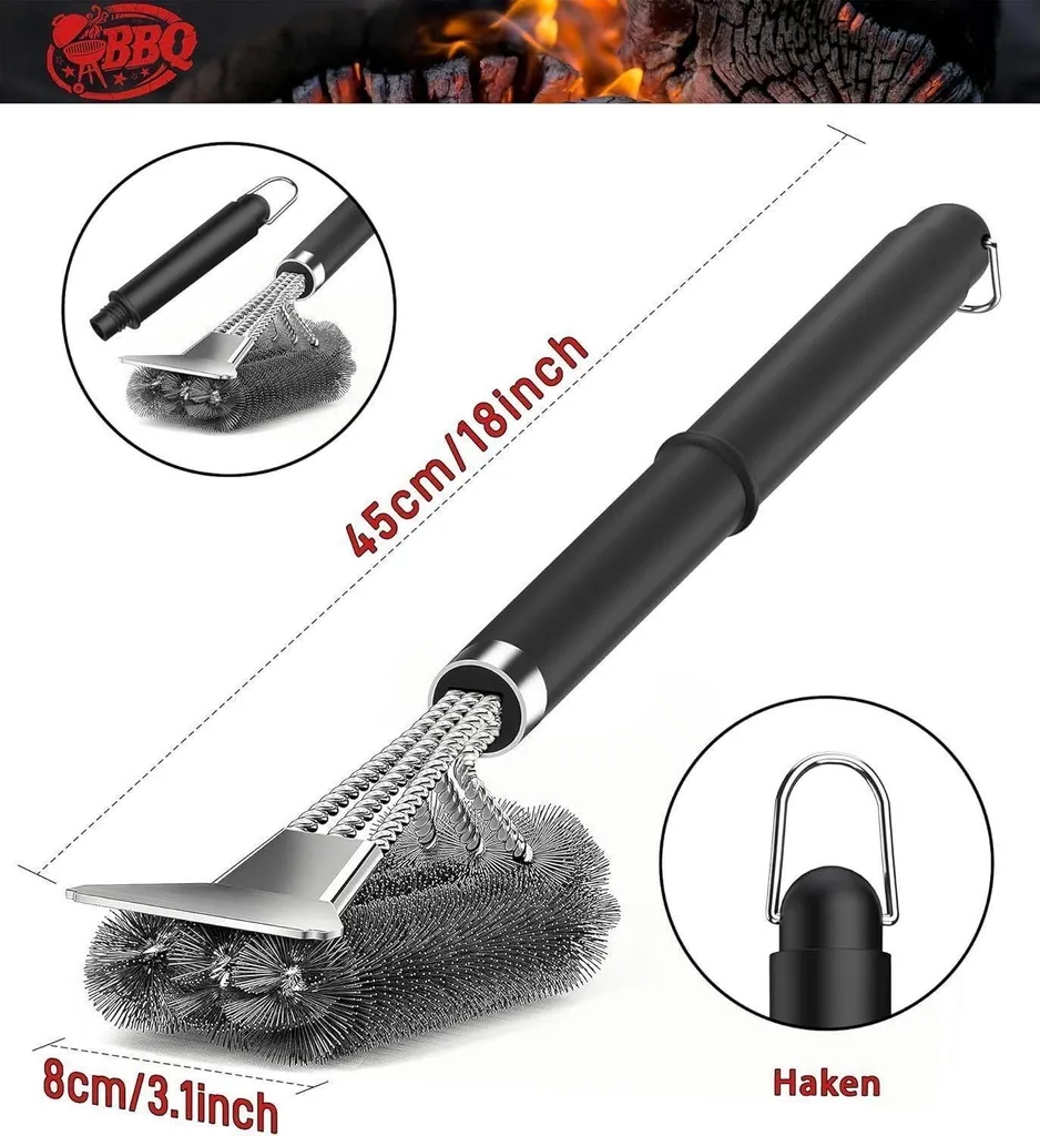 Brosse à barbecue robuste en inox avec grattoir intégré série Expert