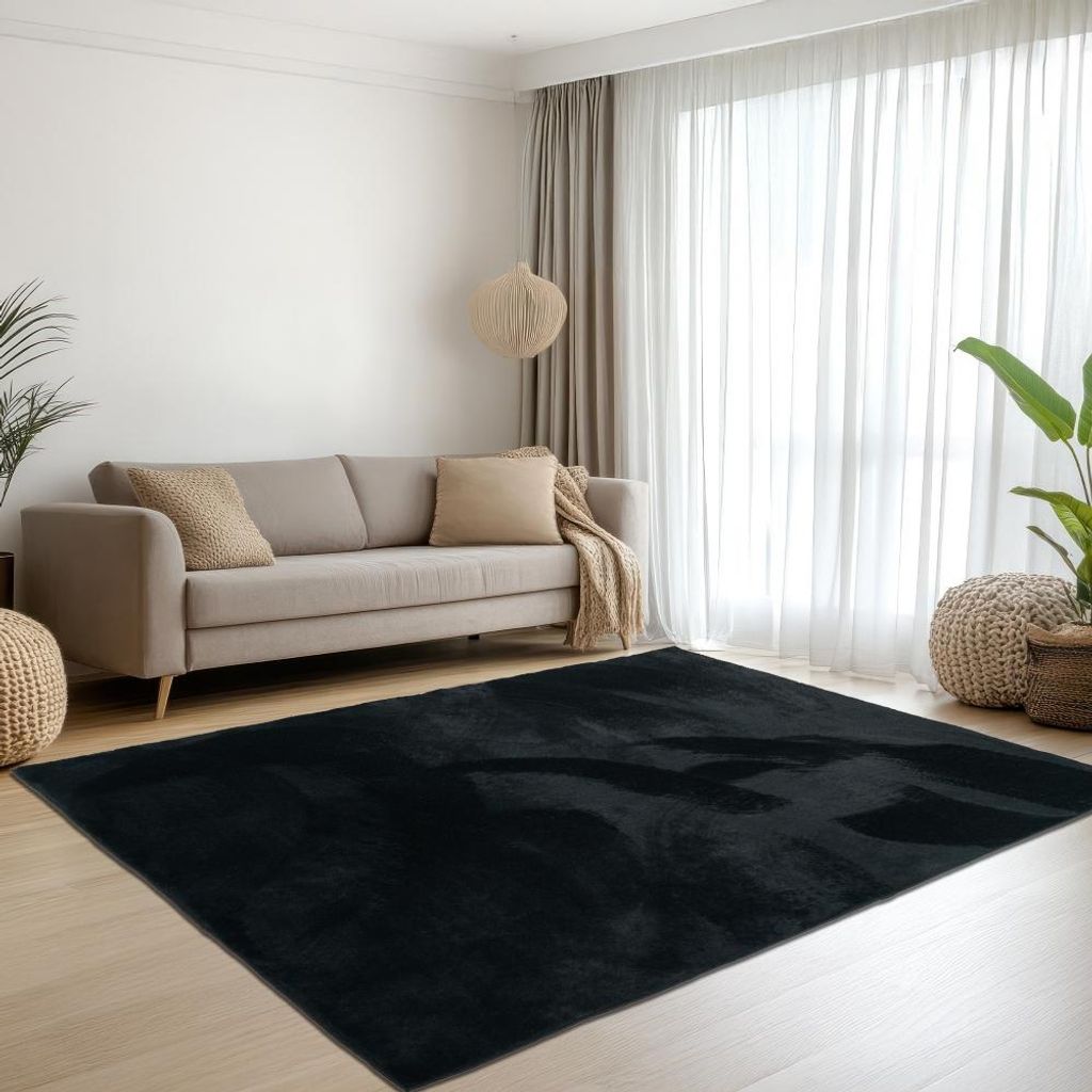 Teppich schwarz samtig weich Hasenfell-Optik mit sanftem Glanz Größe - 240 x 340 cm