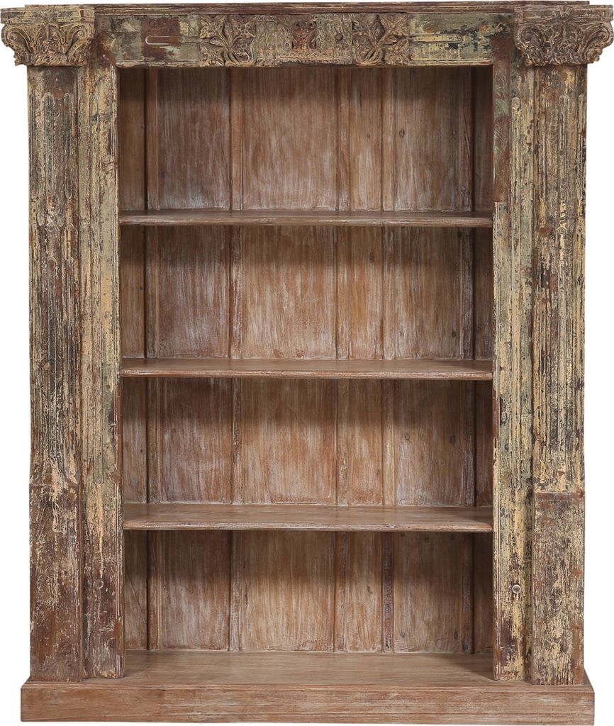 Handgeschnitztes Regal aus Teak Massivholz – 190 cm, Vintage Braun | Standregal für Wohnzimmer, Diele & Schlafzimmer | Offenes Bücherregal, Rau...