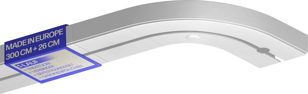 Gardinenschiene 300cm (2x90/1x120cm) / 1-läufig mit Rundbogen, Vorhangschiene Komplettset (Verbinder,Befestigungs-Set,Seitendeckel,Gardinenröllchen)