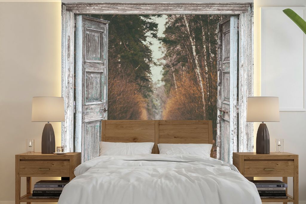 MuchoWow Fototapete für Wohnzimmer oder Schlafzimmer Wandtapete Vinyl Motivtapete Eisenbahnschienen - Herbst - Aussicht - Wald - 350x350 cm - Sc...