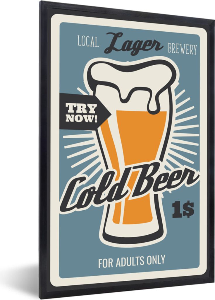 MuchoWow MuchoWow Gerahmtes Poster Mancave - Bier - Vintage - Kaltes Bier 60x90 cm - Poster mit zchwarzem Bilderrahmen - Kunst