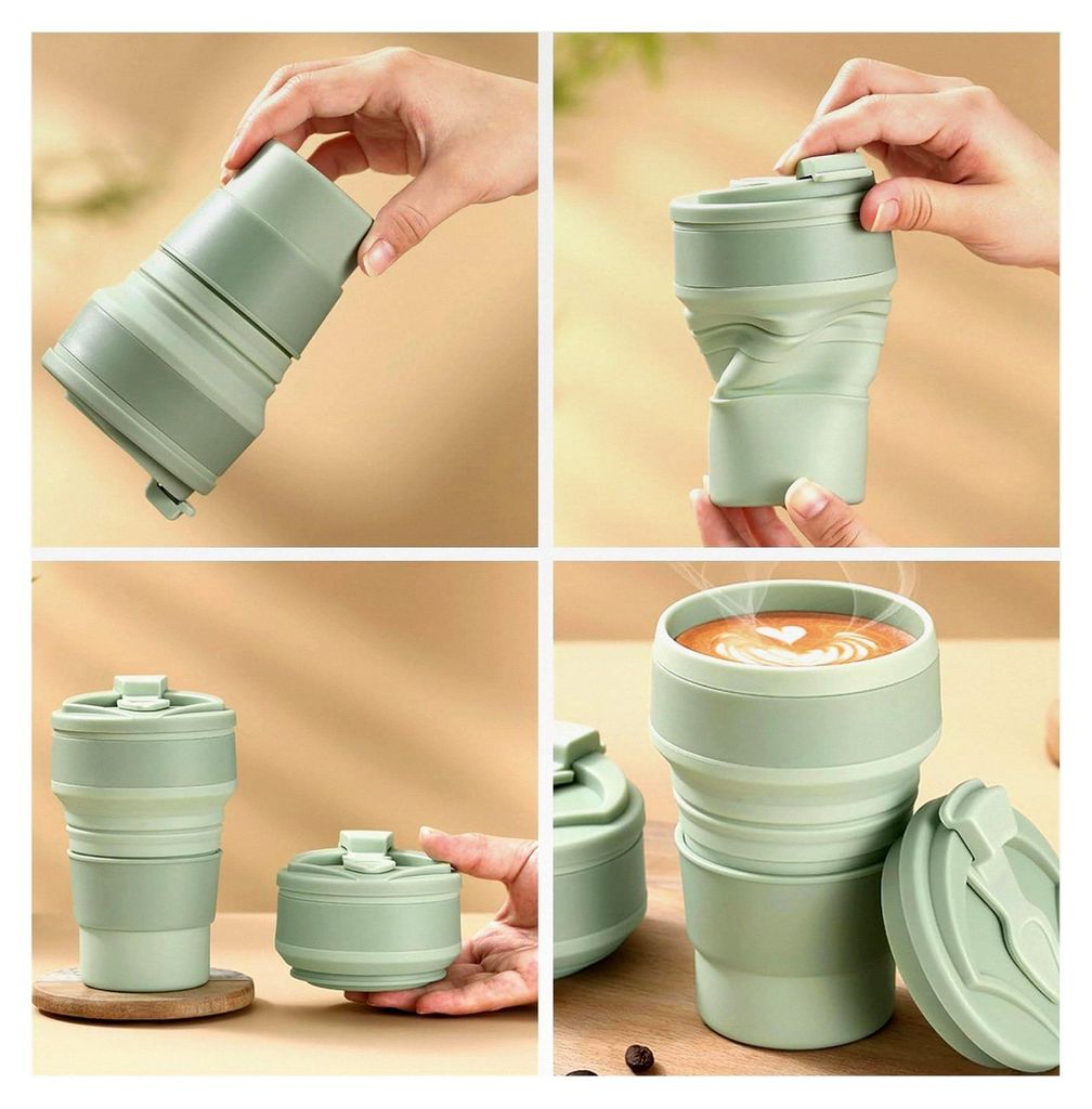 2 Stück Faltbare Becher 350ml Silikon Kaffeebecher Reisebecher BPA-frei für Camping