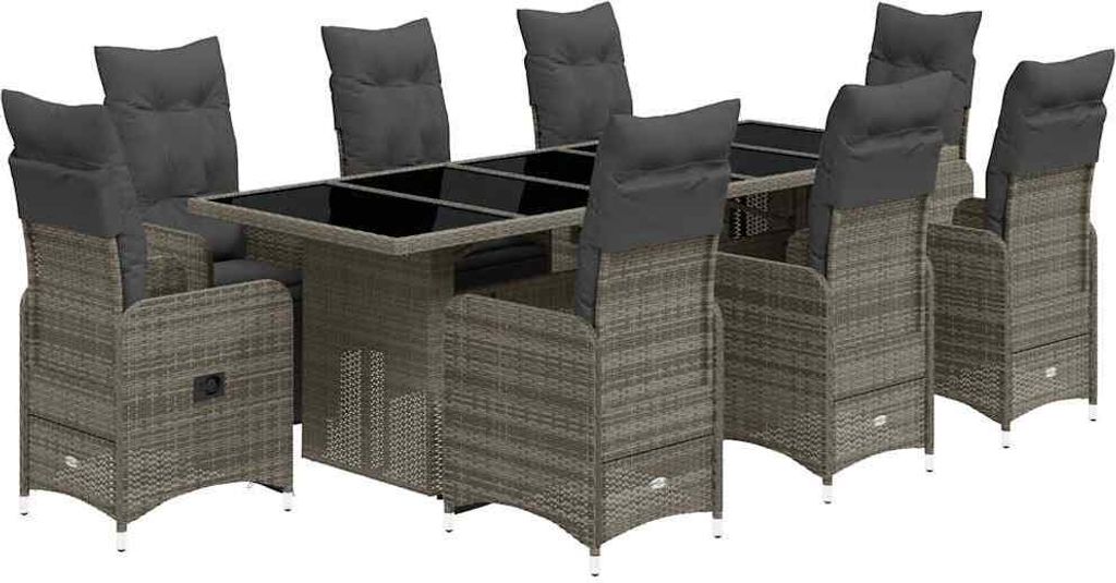 vidaXL 9-tlg. Garten-Bistro-Set mit Kissen Grau Poly Rattan