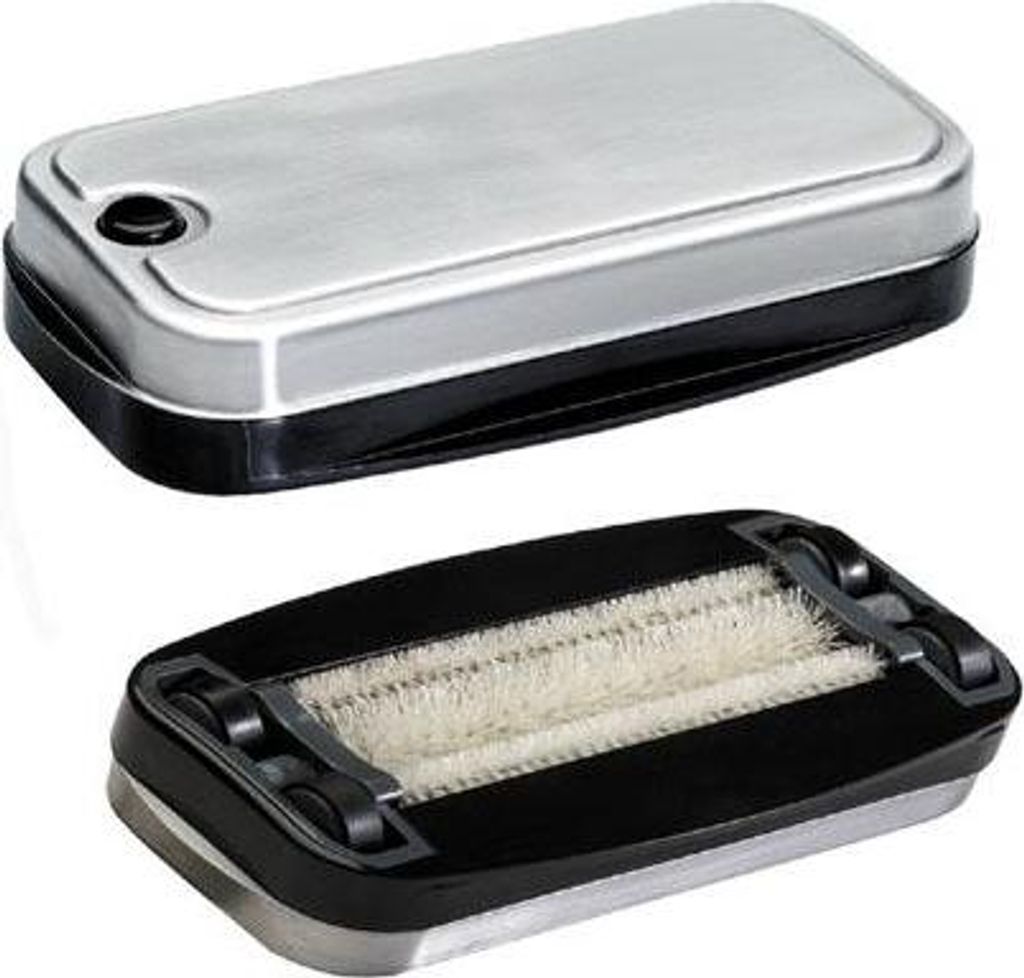 Two views of a handheld crumb sweeper.
