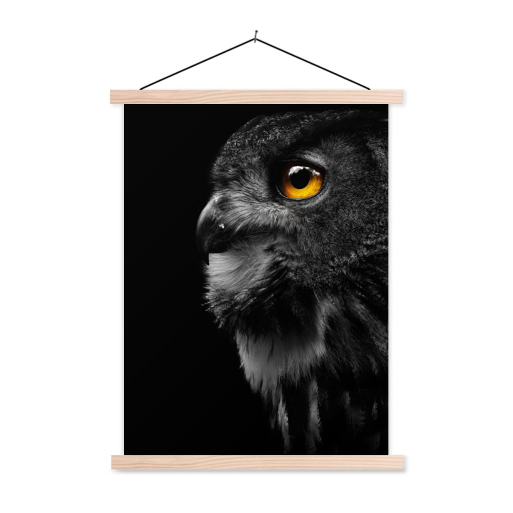 MuchoWow Textilposter Eule - Vogel - Schwarz - Porträt 60x80 cm mit holzfarbenen Rahmen - Wandbild