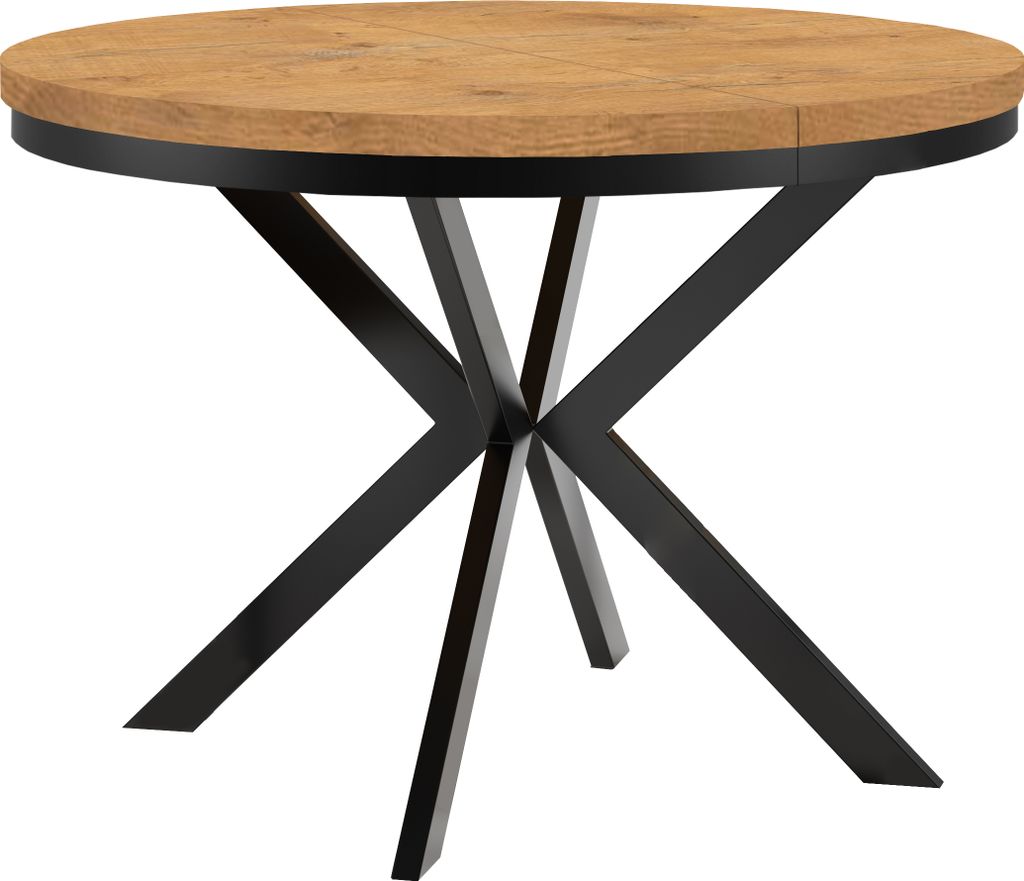 Runder Ausziehbarer Tisch für Esszimmer ENDIK mit Ring-Gestell und Metallbeinen, Durchmesser: 110 / 160 cm, Farbe: Eiche Lancelot / Schwarz