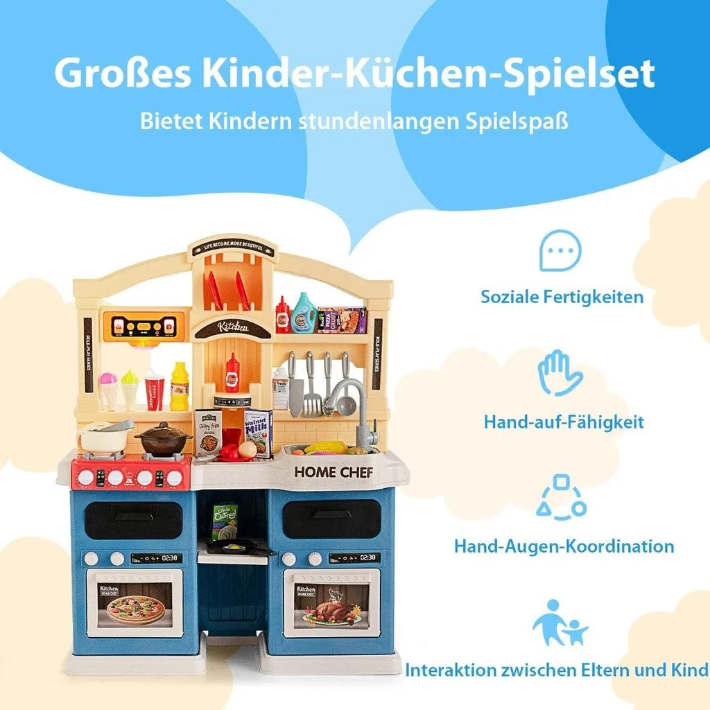 Cuisine de jeu interactive vapeur et son 69 pièces kit bleu enfant