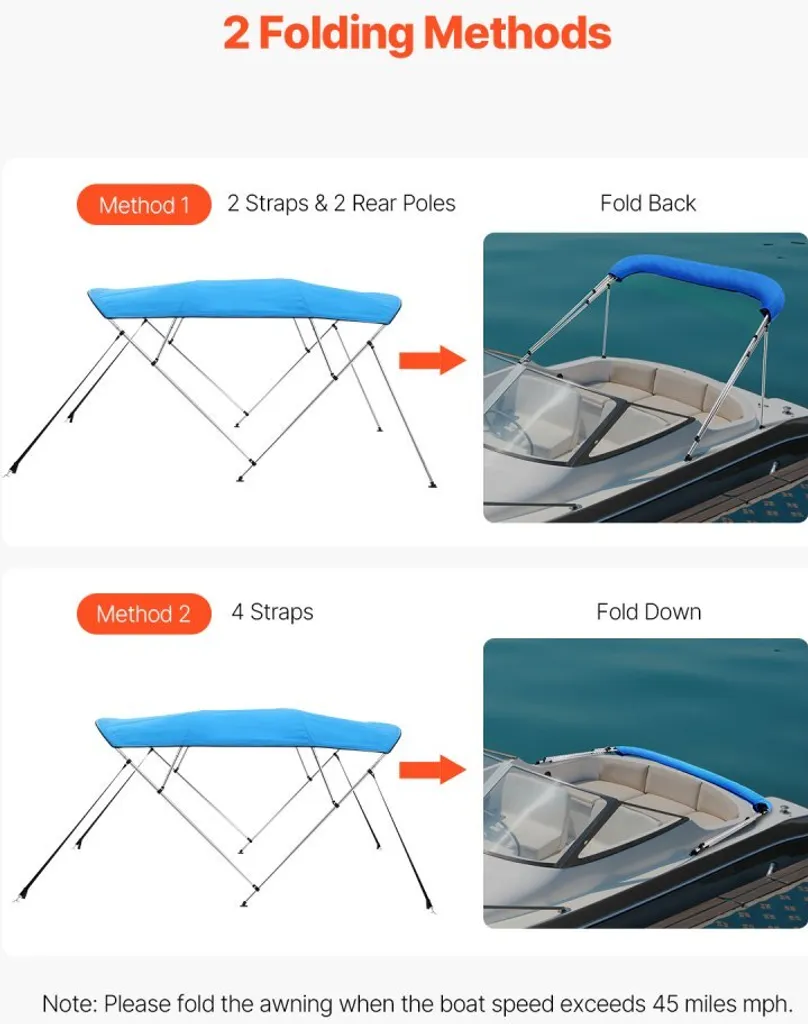 Toit de protection Bimini Top bleu 4 arcs pour bateaux de 216-229cm large