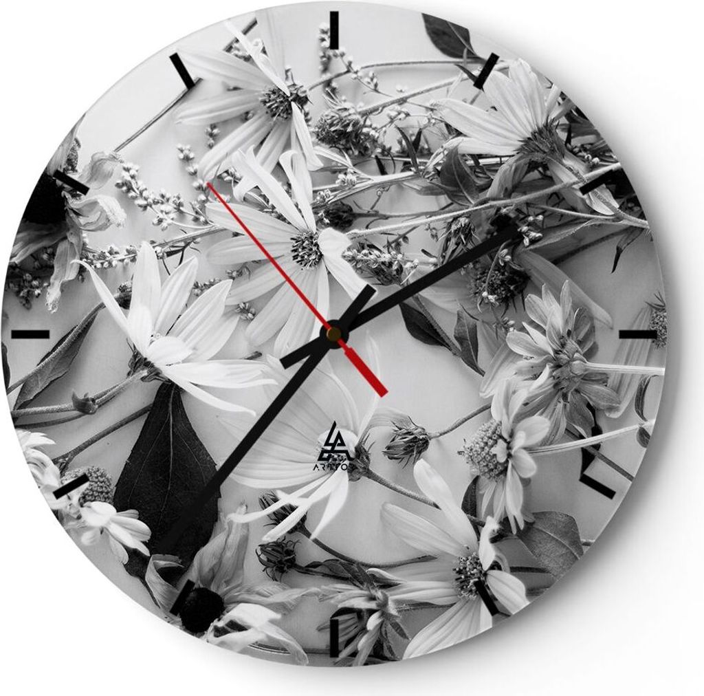 Wanduhr - Rund - Glasuhr - Blumen Schwarzweiß Fotografie - 40x40cm - Schleichendes Uhrwerk - Lautlos - zum Aufhängen bereit - Dekoration Modern -...