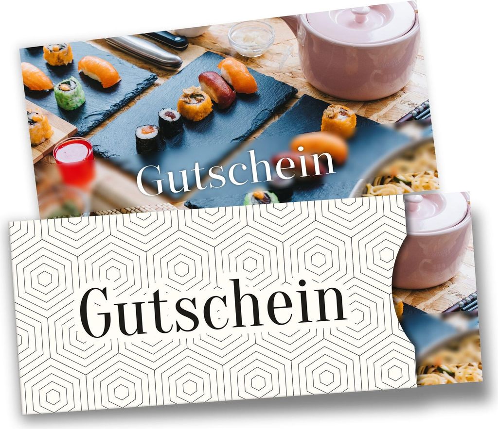 itenga Geschenkgutschein Fotodesign mit Hülle - Motiv ASIATISCHE KÜCHE Postkarte zum Ausfüllen 21,0 x 9,8 cm