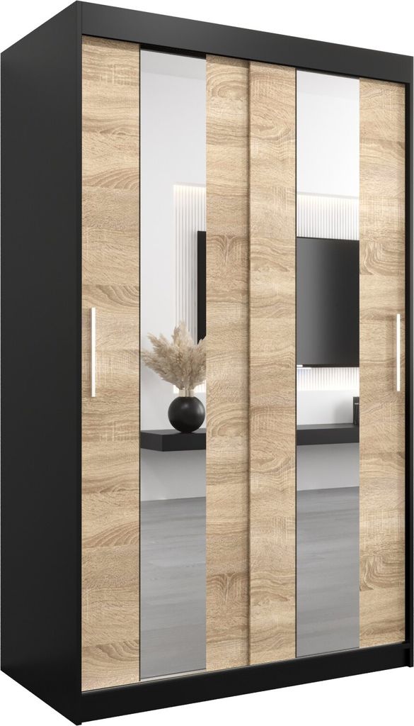 A wardrobe with sliding doors and mirrored panels.