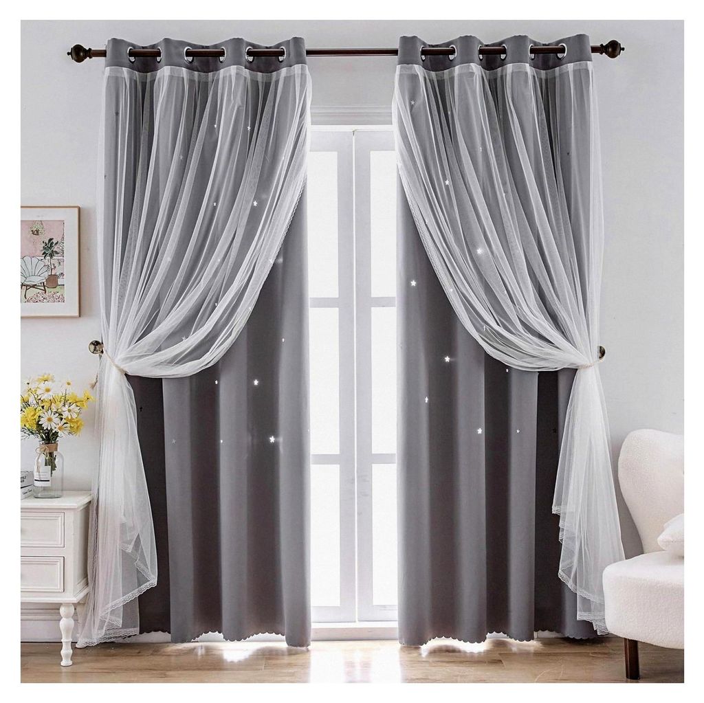 Verdunkelungsvorhänge mit Sternen-Ausschnitt für Mädchen, Schlafzimmer, Fenster, Zimmer, Babyzimmer (2 Paneele, 132 x 244 cm, Grau)