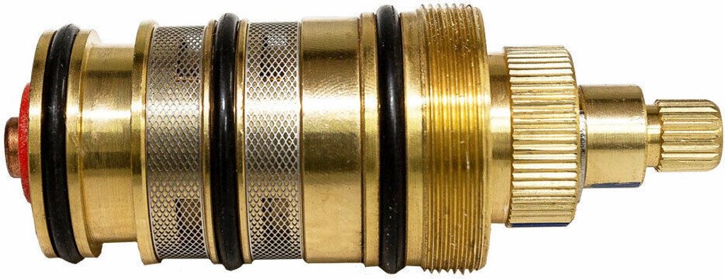 A close-up studio shot of a brass faucet cartridge.