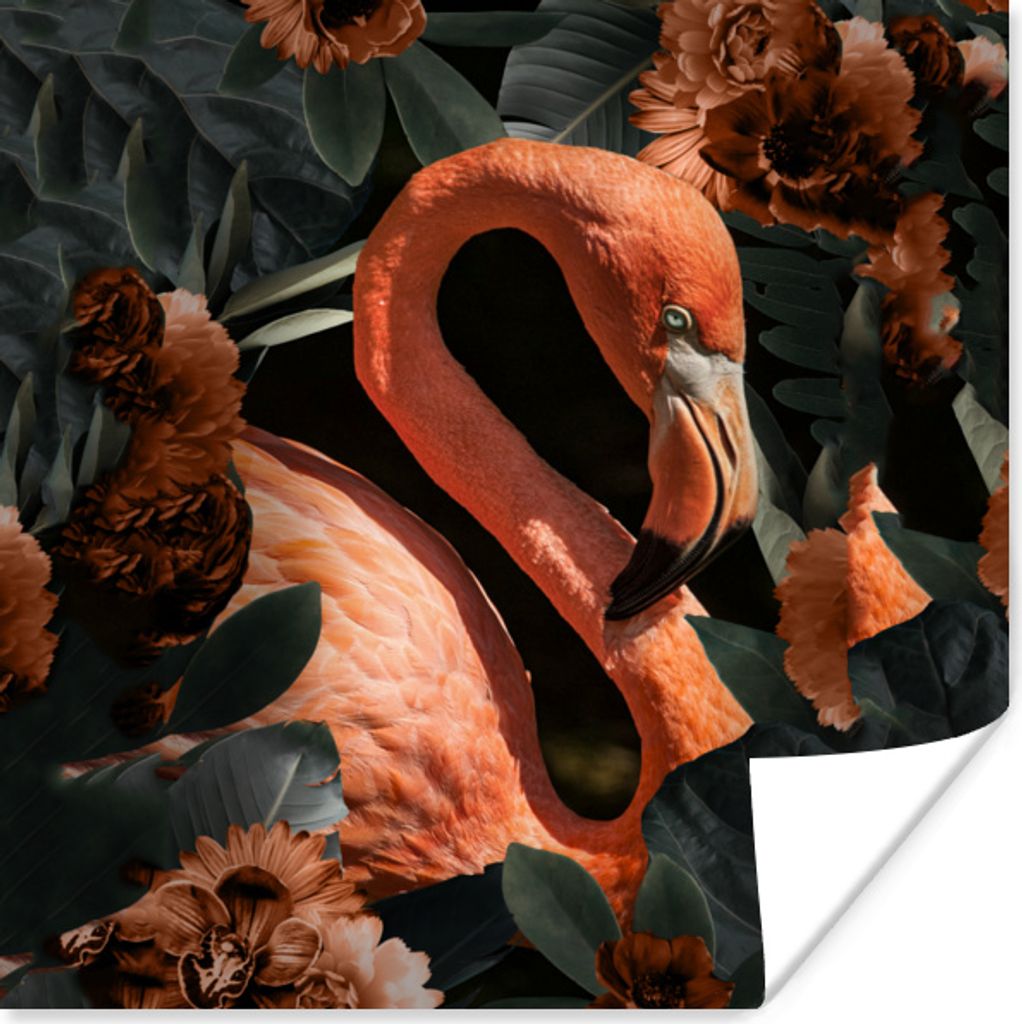 MuchoWow Poster Flamingo - Vogel - Blumen - Blätter 100x100 cm - Babyzimmer