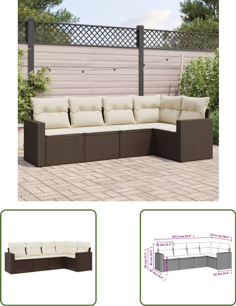 The Living Store 5-tlg. Garten-Sofagarnitur mit Kissen Braun Poly Rattan