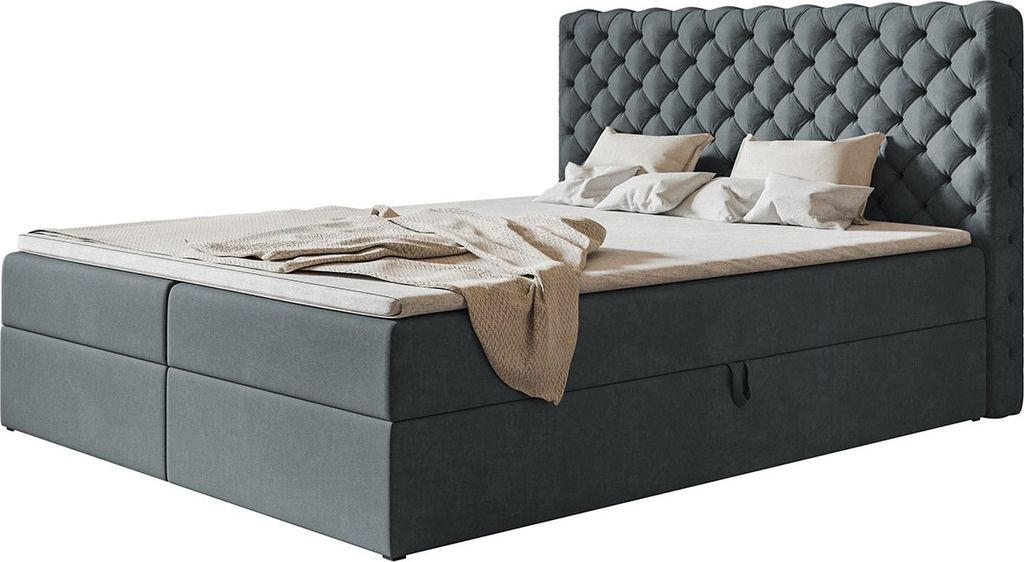 Boxspringbett MIAMI mit 2 Bettkästen, Polsterbett Maße: 140x200, Farbe: Dunkelgrau, Velourstoff, Doppelbett mit Bonell-Matratze