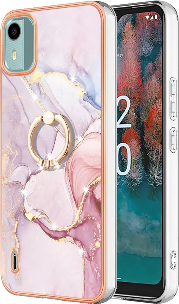 Custodia Marble per Nokia C12 con Supporto Anello Grigio | Cover Silicone