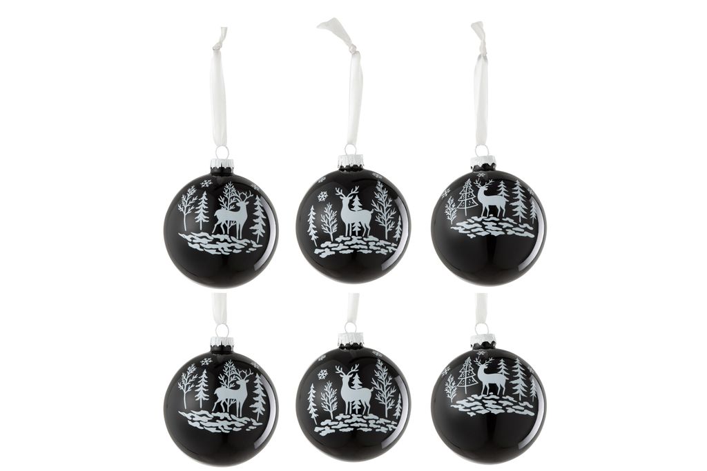 J-Line Dose Von 6 Weihnachtskugeln 2+2+2 Rentier Glas Schwarz/Weiß