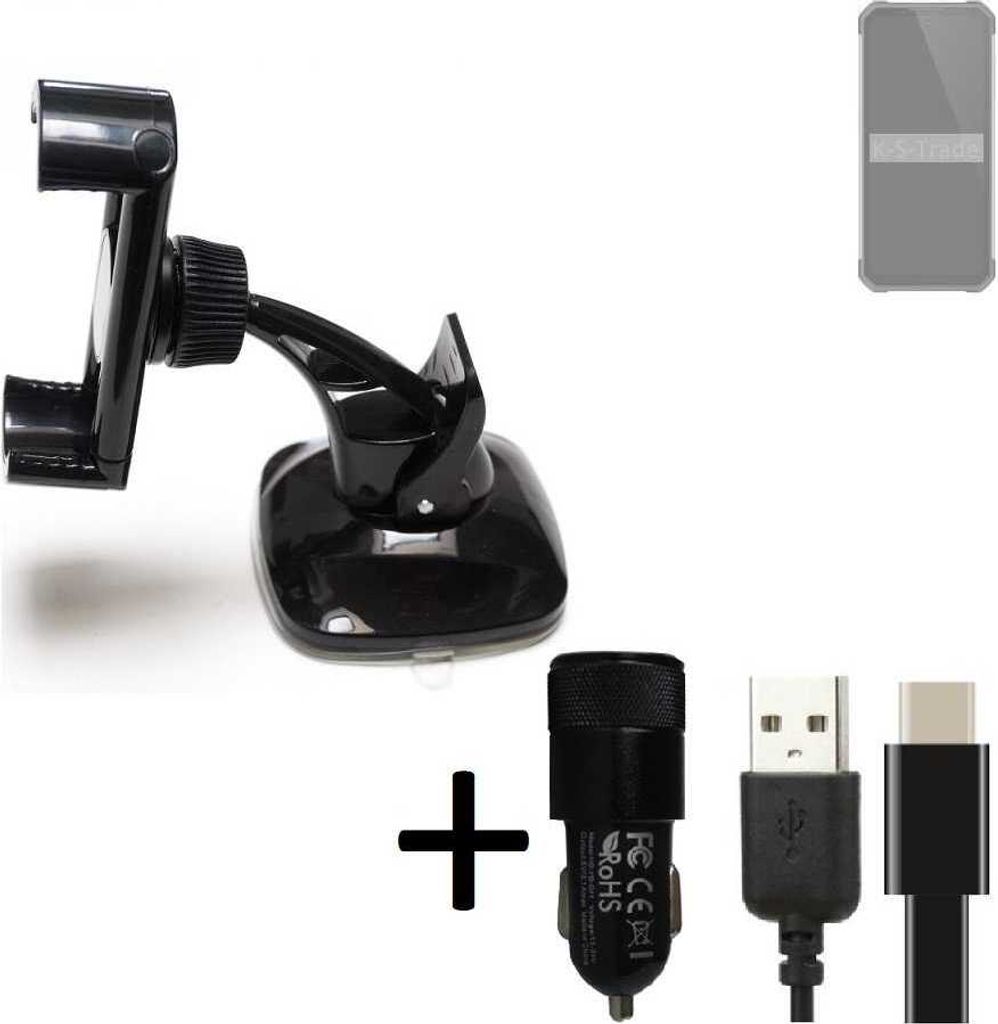 K-S-Trade Handy-Halterung kompatibel mit Oukitel WP27 Windschutzscheibe / Armaturenbrett + LADEGERÄT mit Mico USB Kabel Autohalterung