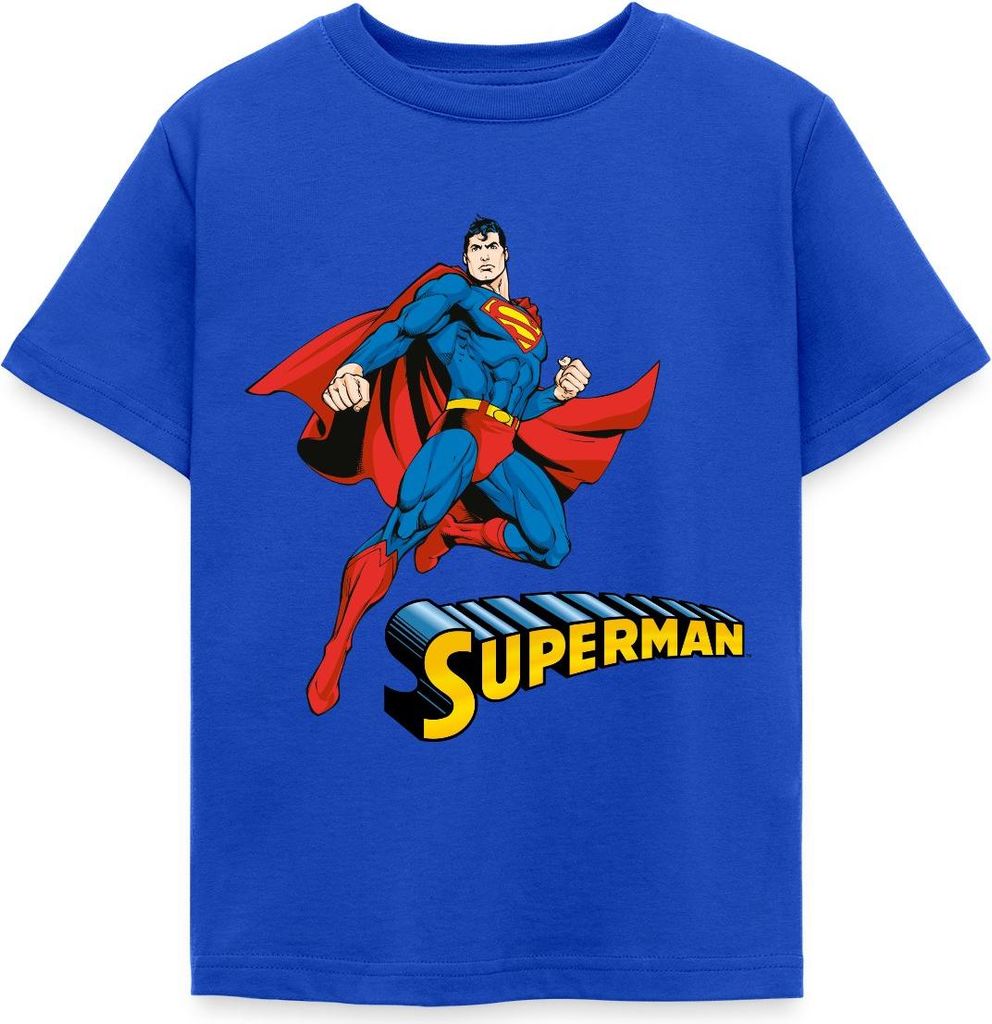Spreadshirt DC Comics Superman Pose + Schriftzug Kinder T-Shirt, 122/128 (7-8 Jahre), Royalblau