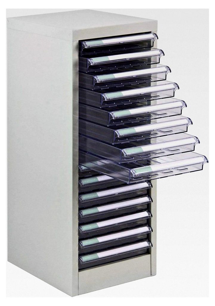 Metallschubladencontainer - 15 herausnehmbare PVC-Schubladen, Sicherheitsanschläge, pulverbeschichtet RAL 7035, 745x280x350 mm, für Büro und Wer...