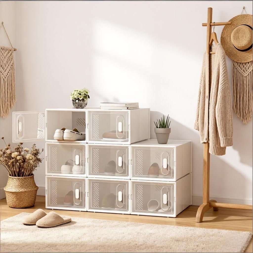 8Pcs Stapelbare Schuhboxen Set Transparente Schuhaufbewahrungsbox aus Hartkunststoff Modulares DIY Regalsystem 20kg Belastbar W25xH18,5xD35,5cm